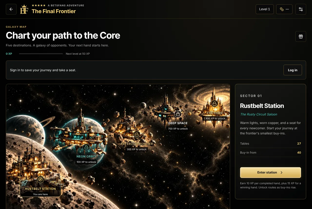 The Final Frontier galaxy map in BetsFans Poker — choose your station and enter the saloon