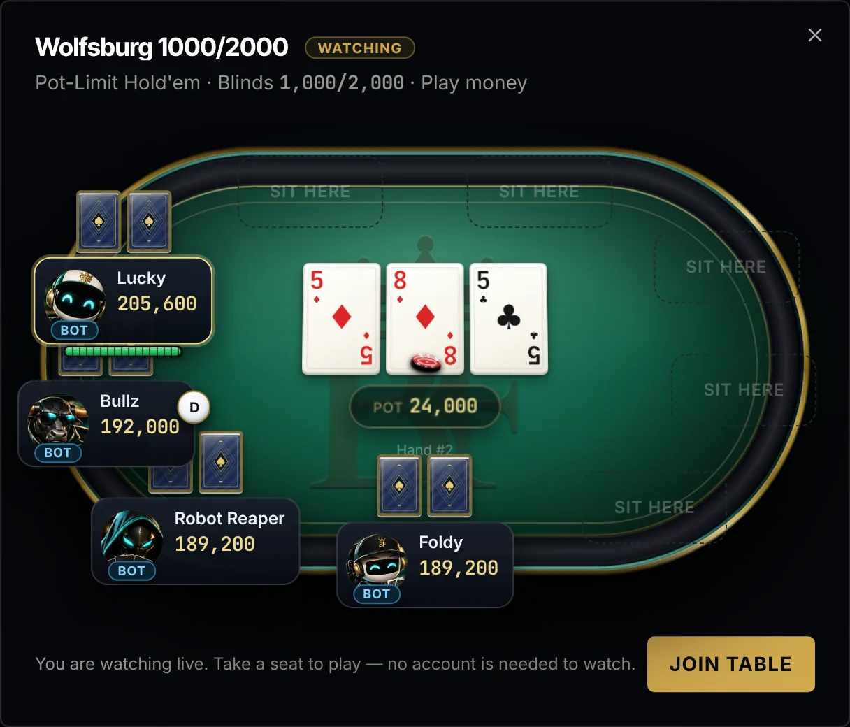Pot-Limit Texas Hold'em table with players and AI bots
